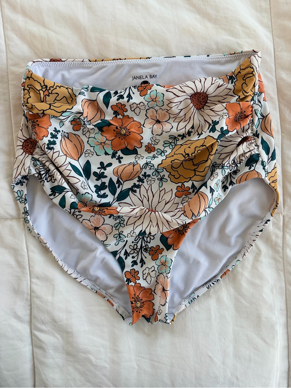Janela Bay Women's High-Waist Floral Bikini Bottom - White with Orange & Green